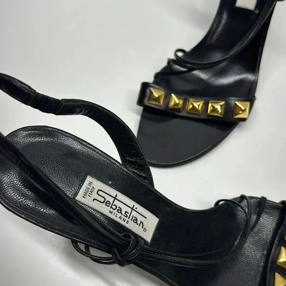 Sebastian Milano High Heels Open Toe Leather Ankle Strap Gold Studded Black 38.5 - Picture 11 of 12